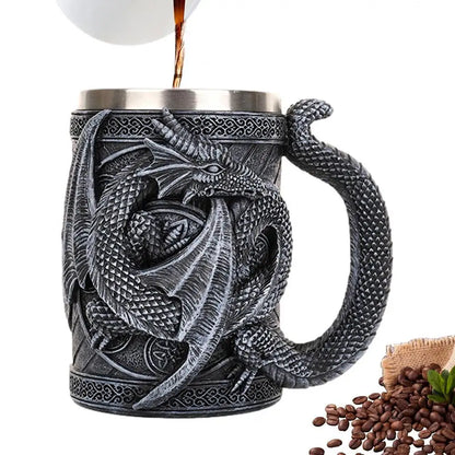 Retro Dragon Resin Stainless Steel Beer Mug Skull Knight Tankard Halloween Coffee Cup Creative Viking Tea Mug Pub Bar Decoration
