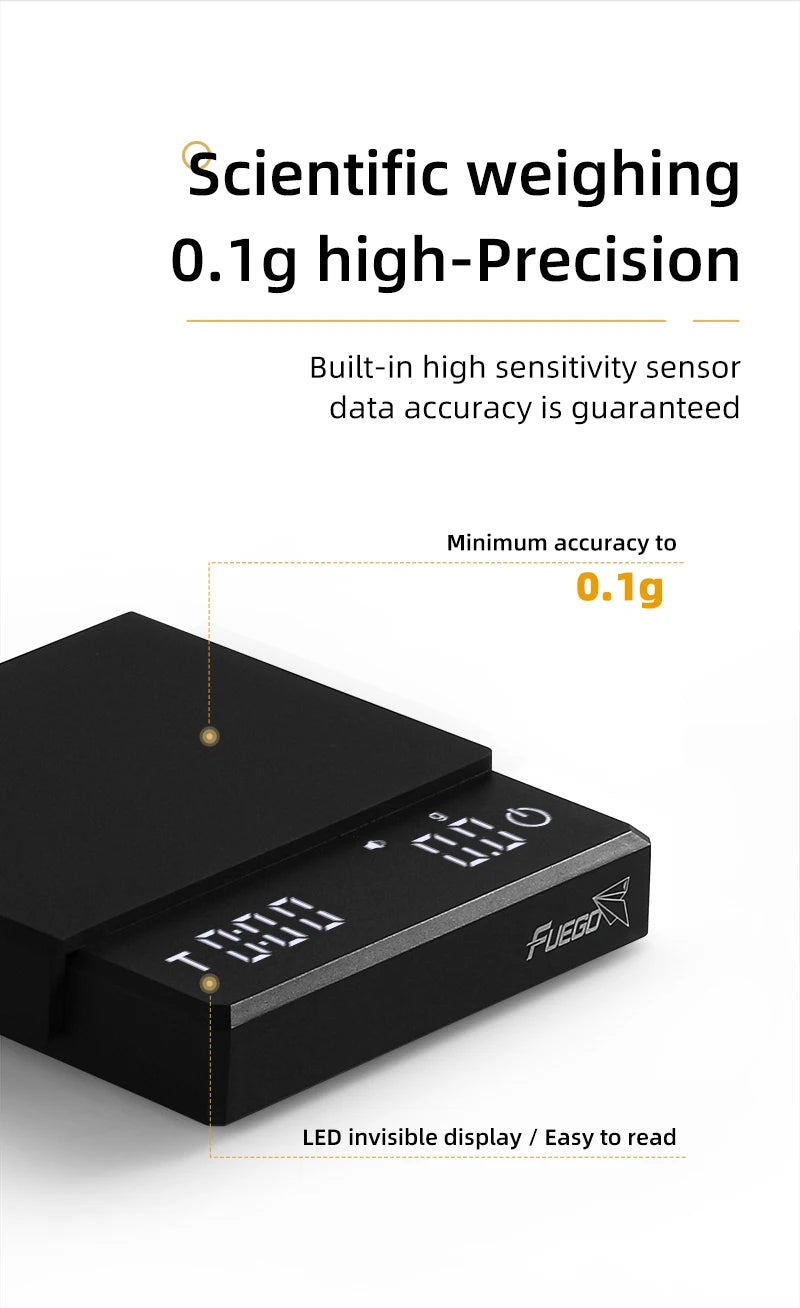 Fuego Kitchen Coffee Scale with Timer Rechargeable Digital Scale 0.1g High Precision 3 Modes Drip Espresso Scale Barista Gift