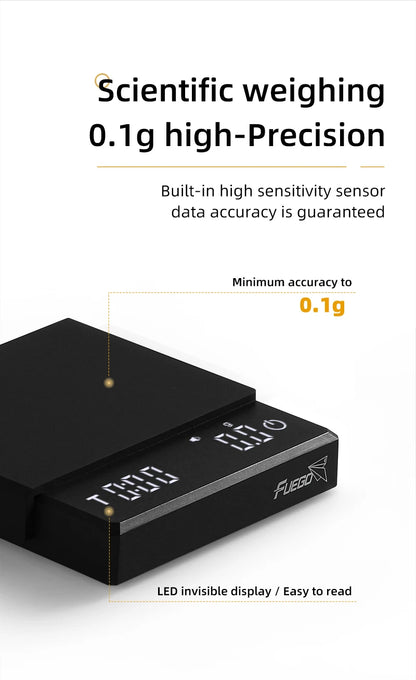 Fuego Kitchen Coffee Scale with Timer Rechargeable Digital Scale 0.1g High Precision 3 Modes Drip Espresso Scale Barista Gift