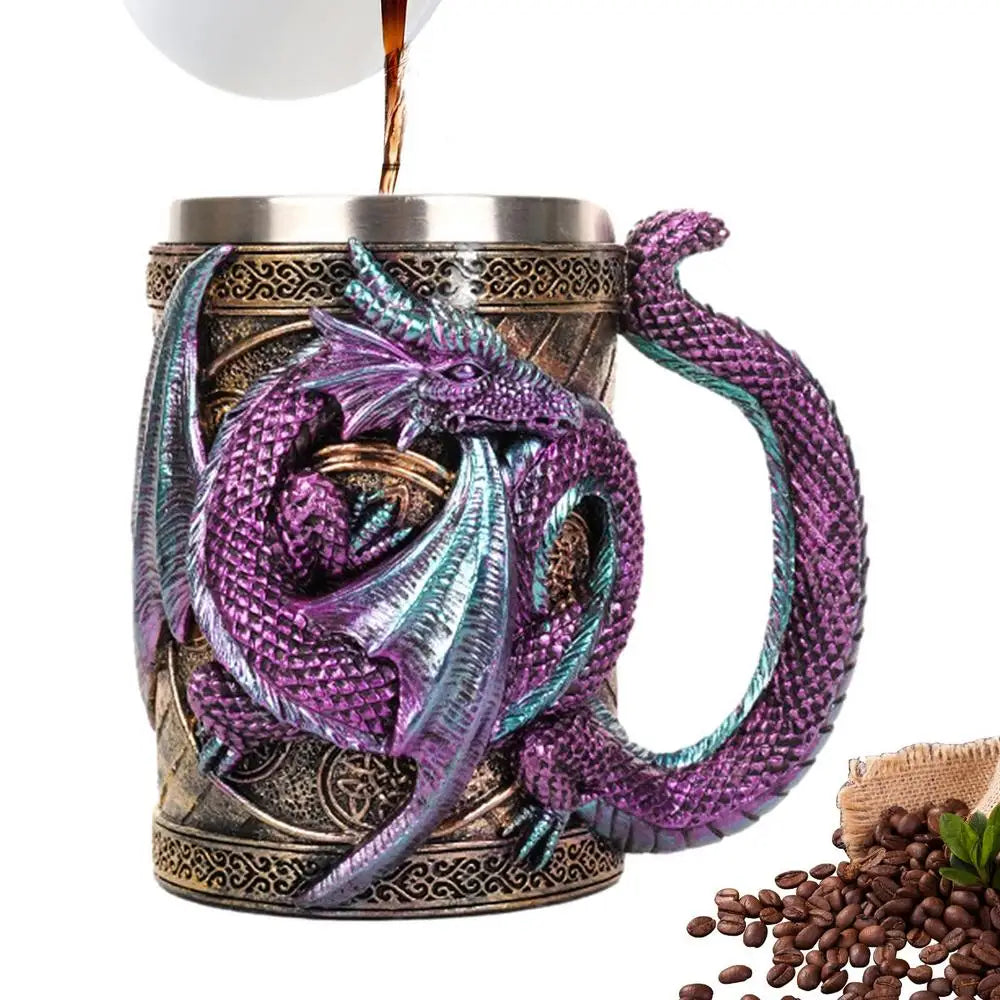 Retro Dragon Resin Stainless Steel Beer Mug Skull Knight Tankard Halloween Coffee Cup Creative Viking Tea Mug Pub Bar Decoration