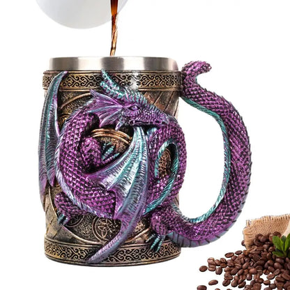 Retro Dragon Resin Stainless Steel Beer Mug Skull Knight Tankard Halloween Coffee Cup Creative Viking Tea Mug Pub Bar Decoration