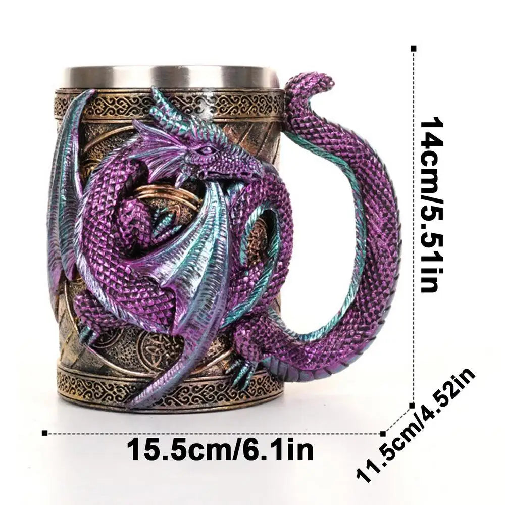Retro Dragon Resin Stainless Steel Beer Mug Skull Knight Tankard Halloween Coffee Cup Creative Viking Tea Mug Pub Bar Decoration