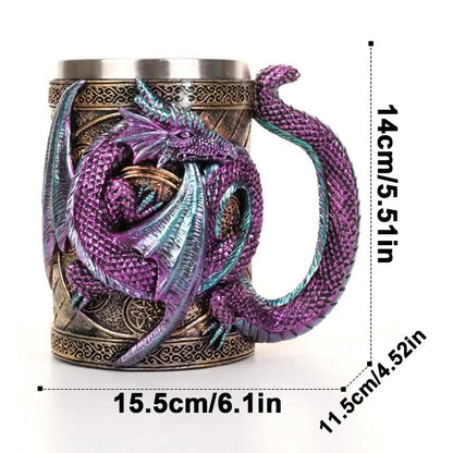 Retro Dragon Resin Stainless Steel Beer Mug Skull Knight Tankard Halloween Coffee Cup Creative Viking Tea Mug Pub Bar Decoration