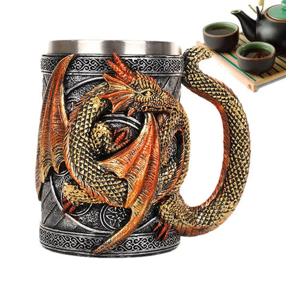 Retro Dragon Resin Stainless Steel Beer Mug Skull Knight Tankard Halloween Coffee Cup Creative Viking Tea Mug Pub Bar Decoration