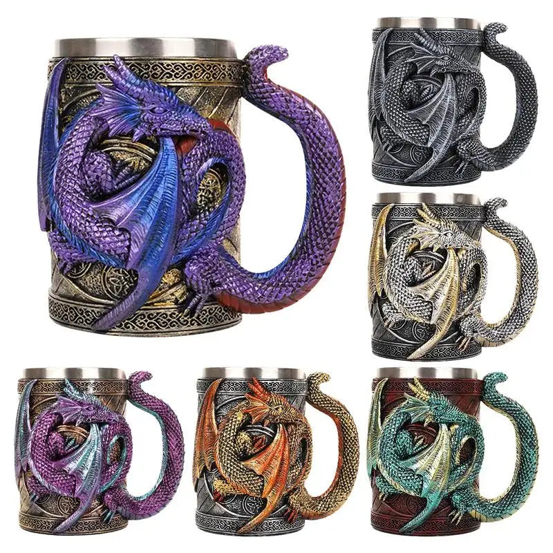 Retro Dragon Resin Stainless Steel Beer Mug Skull Knight Tankard Halloween Coffee Cup Creative Viking Tea Mug Pub Bar Decoration