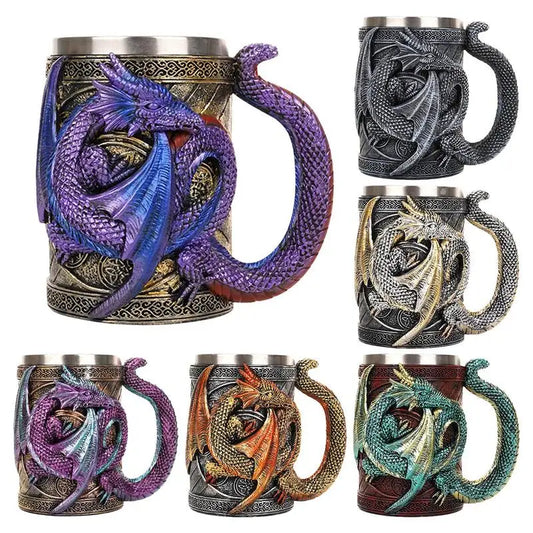 Retro Dragon Resin Stainless Steel Beer Mug Skull Knight Tankard Halloween Coffee Cup Creative Viking Tea Mug Pub Bar Decoration