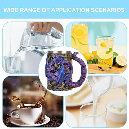 Retro Dragon Resin Stainless Steel Beer Mug Skull Knight Tankard Halloween Coffee Cup Creative Viking Tea Mug Pub Bar Decoration