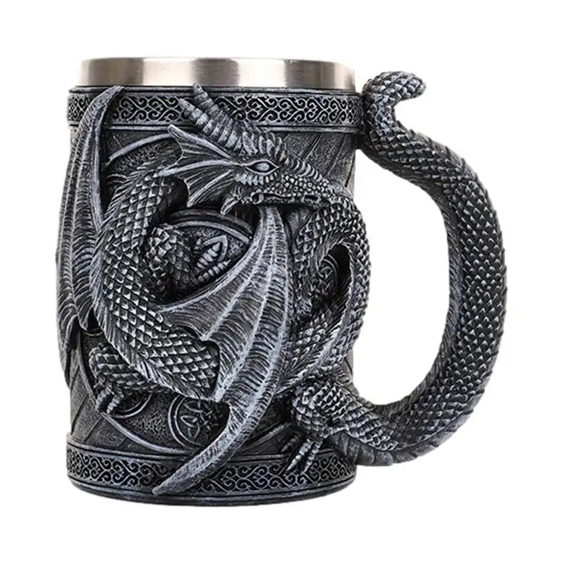 Retro Dragon Resin Stainless Steel Beer Mug Skull Knight Tankard Halloween Coffee Cup Creative Viking Tea Mug Pub Bar Decoration