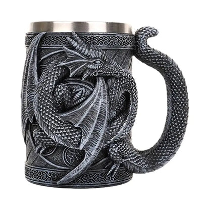 Retro Dragon Resin Stainless Steel Beer Mug Skull Knight Tankard Halloween Coffee Cup Creative Viking Tea Mug Pub Bar Decoration