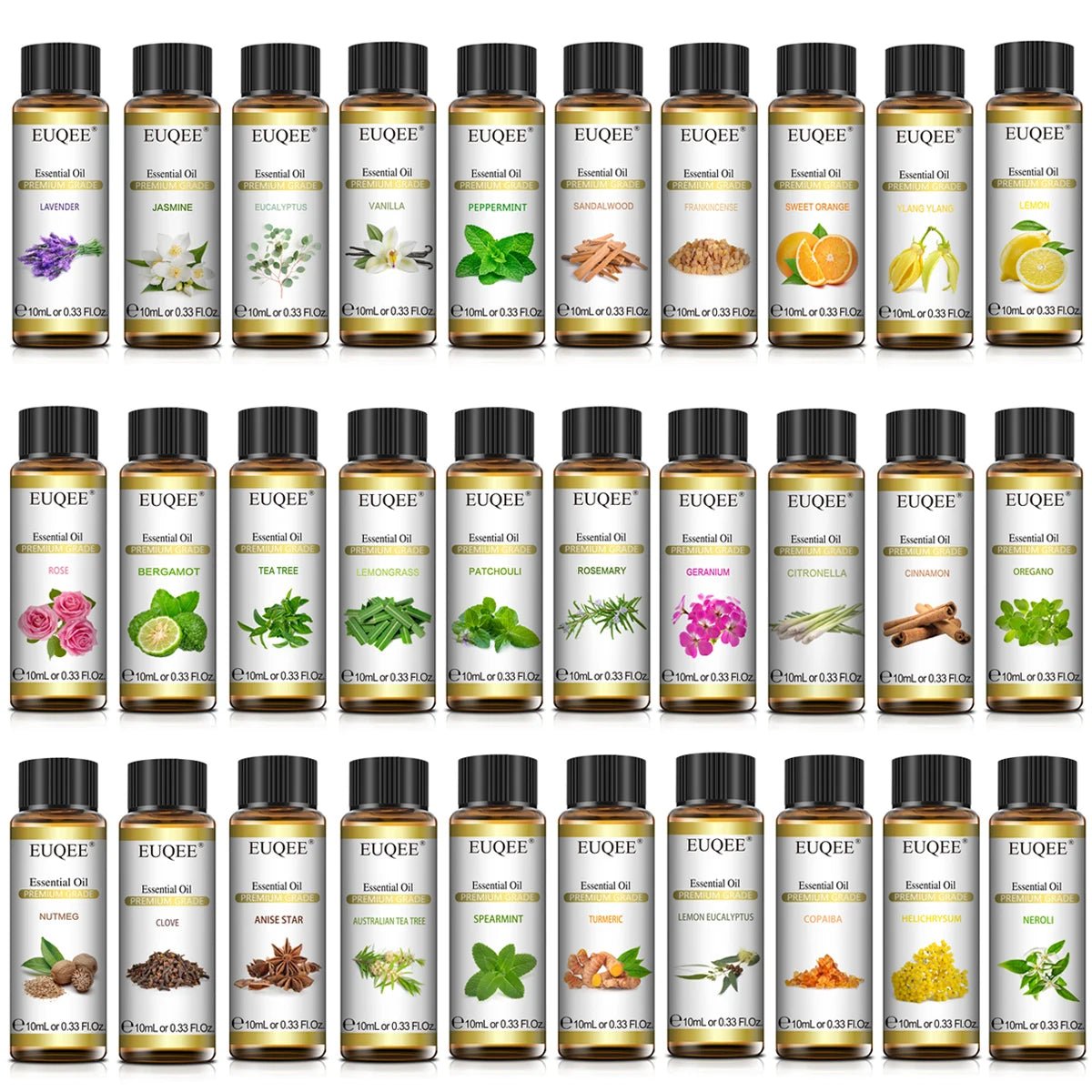 EUQEE 10ml Pure Natural Essential Oil Lavender Jasmine Eucalyptus Vanilla Sandalwood Sweet Orange Lemon Oregano Neroli Fragrance - aqcollective