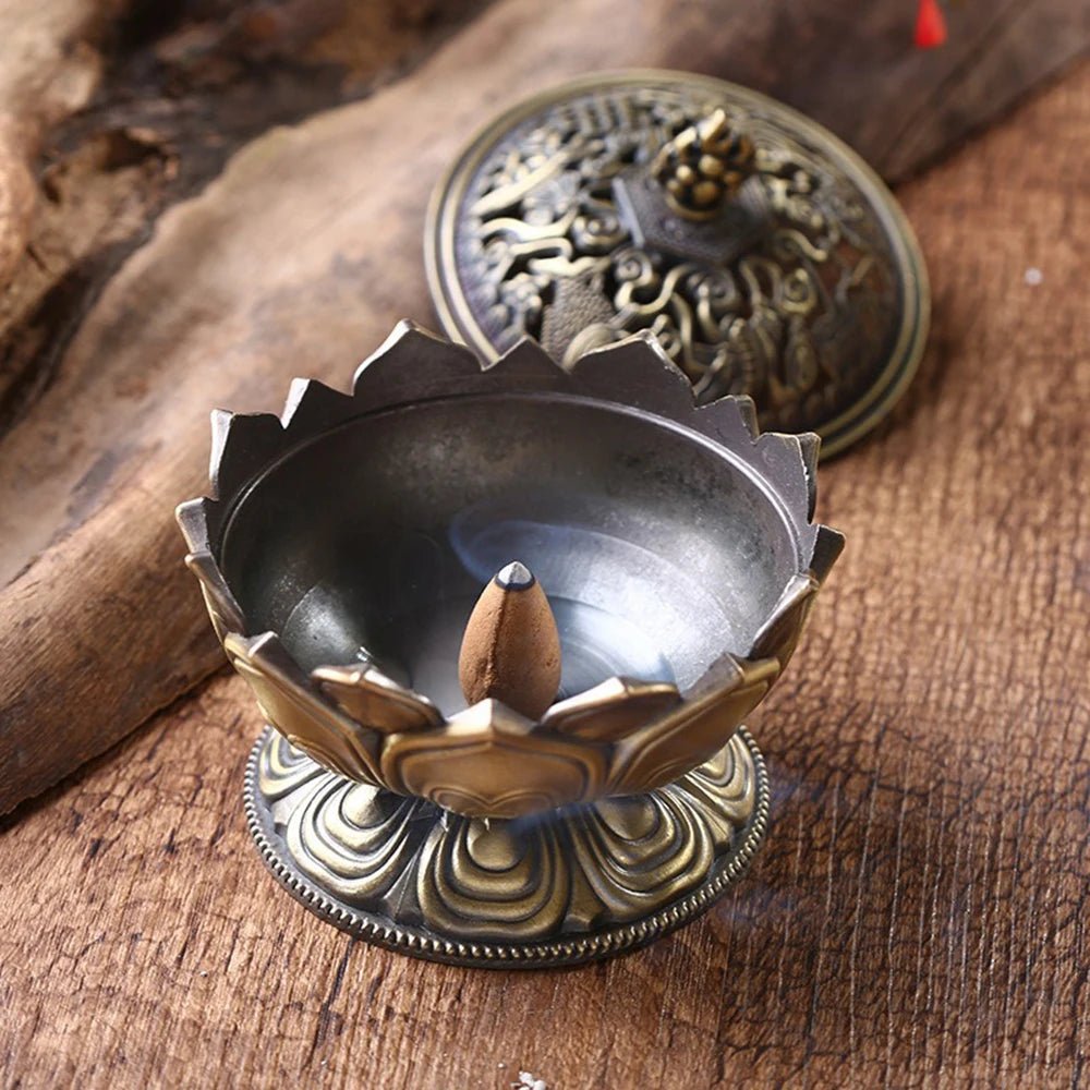 Lotus Flower Incense Burner Buddhism Buddha Holder Brass Mini Sandalwood Censer Incense Metal Craft Home Decoration - aqcollective
